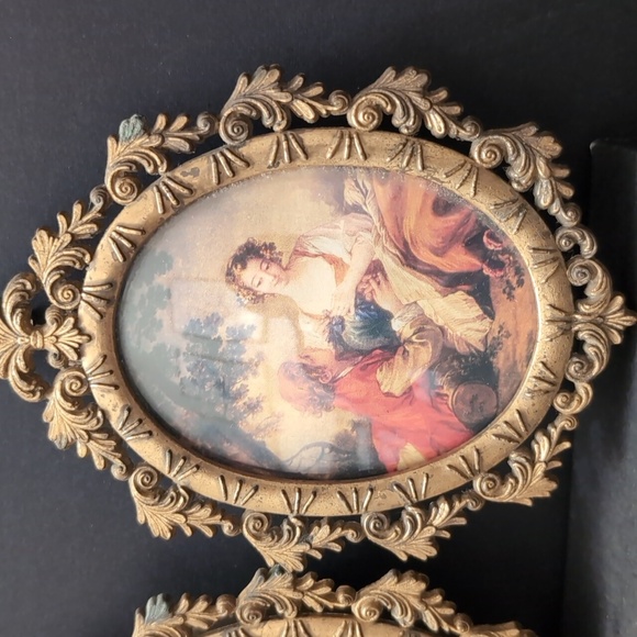 Vintage Made In Italy Set of 2 Ornate Metal Frames with 18 Century Style Art . - Picture 3 of 12